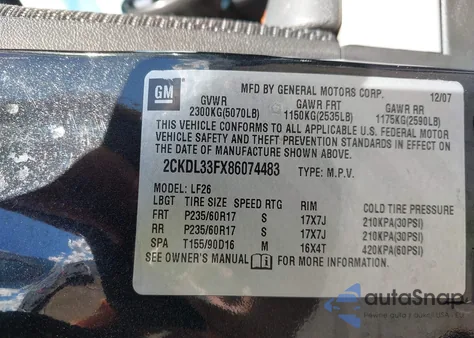 2008 Pontiac Torrent из США, поврежденный, VIN 2CKDL33FX86074483